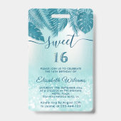 Blue Tropical Blätter Glitzer Skript Sweet 16 VIP Ausweis (Rückseite)