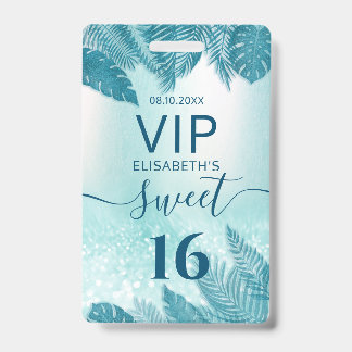 Blue Tropical Blätter Glitzer Skript Sweet 16 VIP Ausweis
