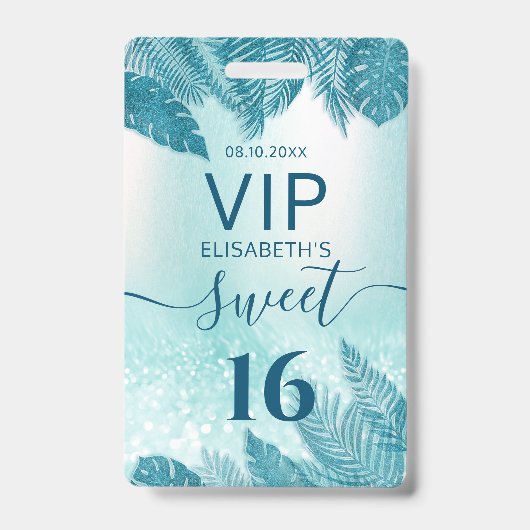 Blue Tropical Blätter Glitzer Skript Sweet 16 VIP Ausweis (Vorderseite)