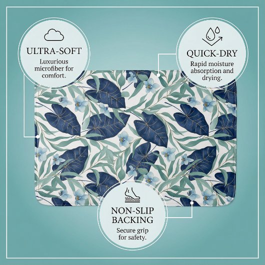 Blue Tropical Botanical Leaf Pattern – Elegant  Badematte