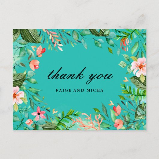 Blue Tropical Botanical Wedding Vielen Dank Postkarte (Vorderseite)
