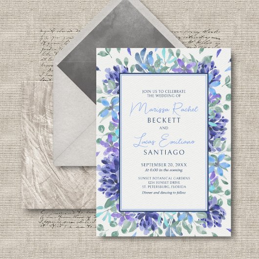 Blue Tropical Floral Wedding Einladung