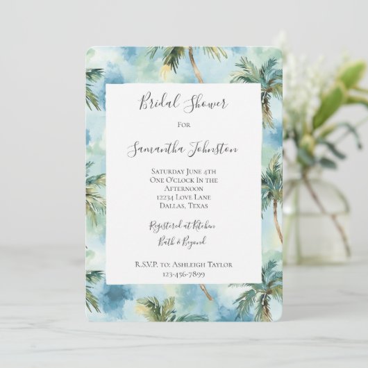 Blue Tropical Island Palm Trees Bridal Shower Einladung (Stehend Vorderseite)