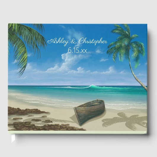 Blue Tropical Ocean Beach Boat Palm Trees Hochzeit Gästebuch (Vorderseite)