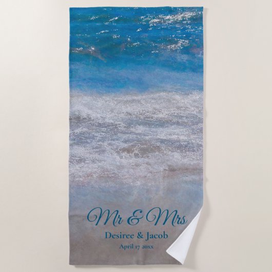 Blue Tropical Ocean Waves Coastal Hochzeit Strandtuch (Vorderseite)