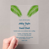 Blue Tropical Palm Leaf Coastal Beach Hochzeit Acryleinladungen (Insitu (Handheld))