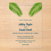 Blue Tropical Palm Leaf Coastal Beach Hochzeit Acryleinladungen (Vorderseite)
