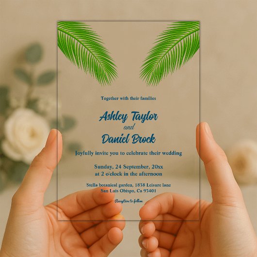 Blue Tropical Palm Leaf Coastal Beach Hochzeit Acryleinladungen
