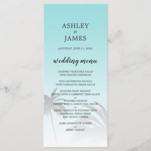 Blue Tropical Palm Tree Beach Hochzeit Menükarte (Vorderseite)