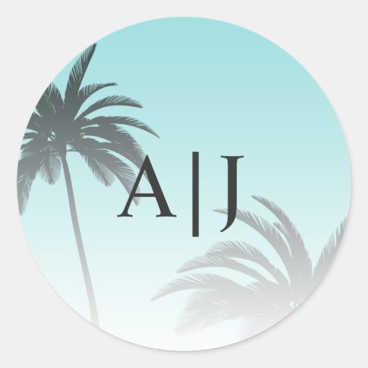 Blue Tropical Palm Tree Beach Monogram Wedding Runder Aufkleber (Vorderseite)