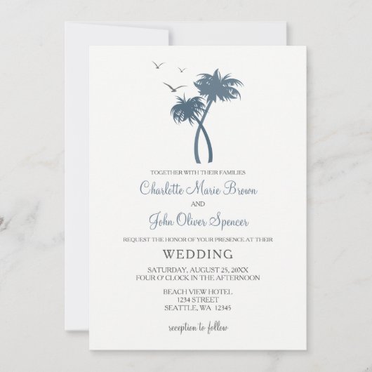 Blue Tropical Palm Tree Hochzeiten Einladungen (Vorderseite)