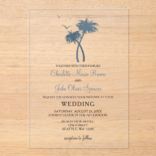 Blue Tropical Palm Tree Hochzeiten Einladungen (Vorderseite)