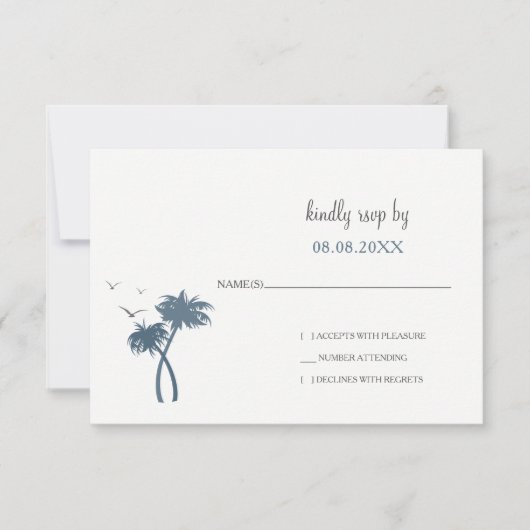 Blue Tropical Palm Tree Wedding rsvp Karte (Vorderseite)
