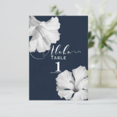 Blue Tropical Wedding Tischnummer White Hibiskus (Stehend Vorderseite)