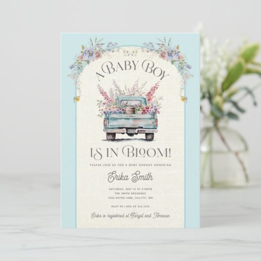 Blue Truck Baby in Bloom Baby Dusche Einladung (Stehend Vorderseite)