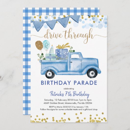 Blue Truck Boy Drive by Birthday Parade Einladung (Vorne/Hinten)