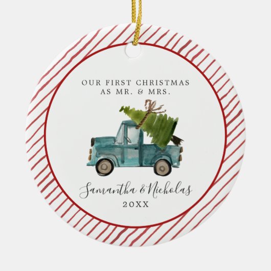 Blue Truck | Erste Weihnachten als Herr & Mrs. Keramik Ornament (Vorne)
