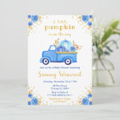 Blue Truck Fall Pumpkin Baby Dusche Einladung (Stehend Vorderseite)
