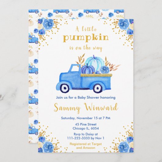 Blue Truck Fall Pumpkin Baby Dusche Einladung (Vorne/Hinten)