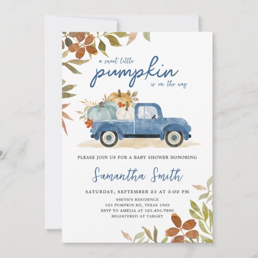 Blue Truck Fall Pumpkin Baby Dusche Einladung (Vorderseite)