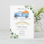 Blue Truck Pumpkin Baby Dusche Einladung (Stehend Vorderseite)
