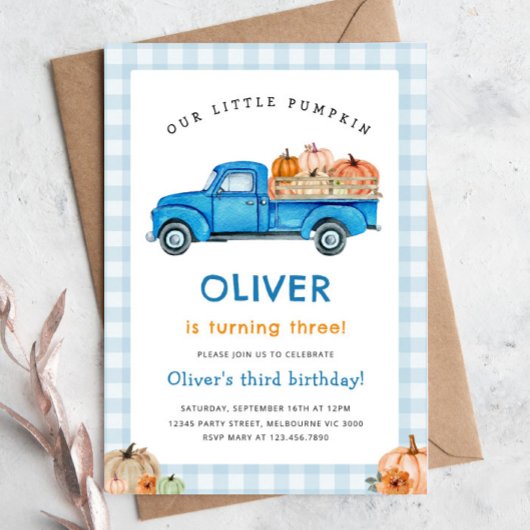 Blue Truck & Pumpkin Fall Farm Gingham Birthday Einladung