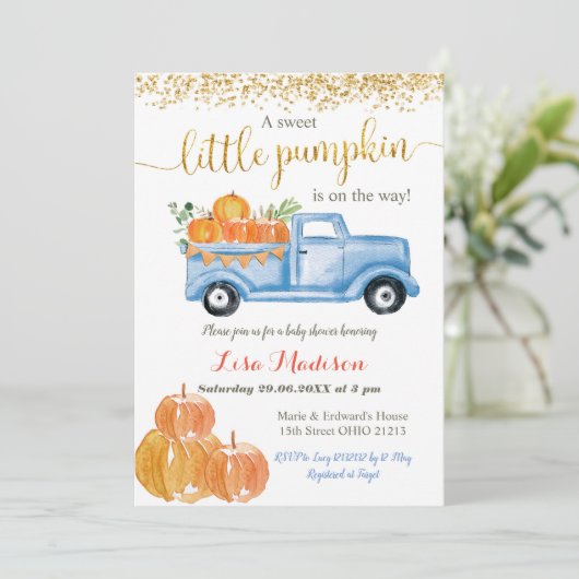 Blue Truck Pumpkin ist auf dem Weg Babydusche Einladung (Stehend Vorderseite)