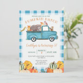 Blue Truck Pumpkin Patch Gingham 5. Geburtstag Einladung (Stehend Vorderseite)