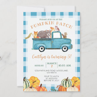 Blue Truck Pumpkin Patch Gingham 5. Geburtstag Einladung