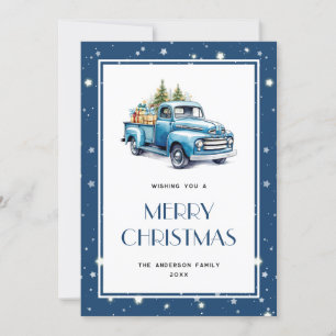 Blue Truck Tree Snow Stars Frohe Weihnachtskarte Feiertagskarte