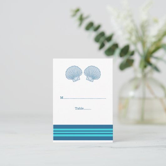Blue Türkise Nautical Seashells Platzkarten (Stehend Vorderseite)
