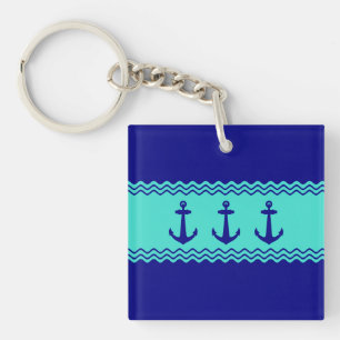 Blue Türkise Stripe Anchor Nautic Schlüsselanhänger