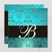 BLUE TURQUASE BLACK DAMASK MONOGRAM, Aquamarine Einladung (Vorne/Hinten)
