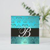 BLUE TURQUASE BLACK DAMASK MONOGRAM, Aquamarine Einladung (Stehend Vorderseite)