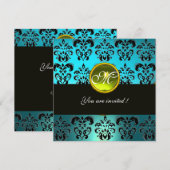 BLUE TURQUE BLACK DAMASK MONOGRAM, gelber Topaz Einladung (Vorne/Hinten)