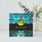 BLUE TURQUE BLACK DAMASK MONOGRAM, gelber Topaz Einladung (Stehend Vorderseite)