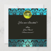 BLUE TURQUE BLACK DAMASK MONOGRAM, gelber Topaz Einladung (Rückseite)