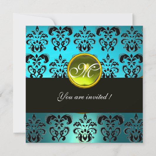 BLUE TURQUE BLACK DAMASK MONOGRAM, gelber Topaz Einladung (Vorderseite)