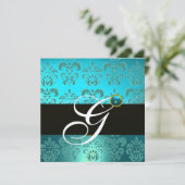 BLUE TURQUE BLACK SILVER DAMASK MONOGRAMM EINLADUNG (Stehend Vorderseite)