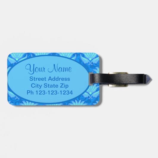 Blue Turquoise Art Nouveau Damask Monogram Gepäckanhänger (Rückseite horizontal)