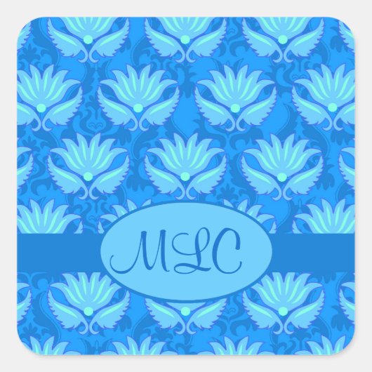 Blue Turquoise Art Nouveau Damask Monogram Quadratischer Aufkleber (Vorderseite)