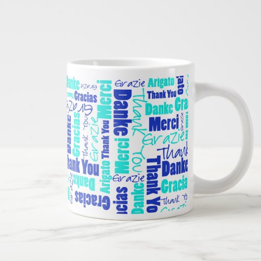 Blue Turquoise Multilingual Danke Typografy Jumbo-Tasse (Rechts)