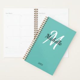 Blue Turquoise & White Monogram Simple Elegance Pl Planer