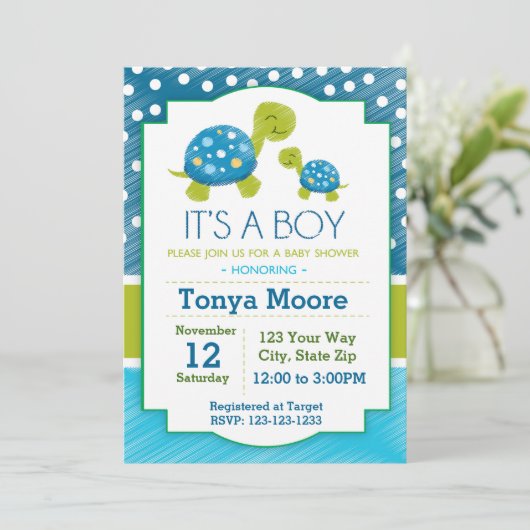 Blue Turtle Baby Dusche Einladung (Stehend Vorderseite)