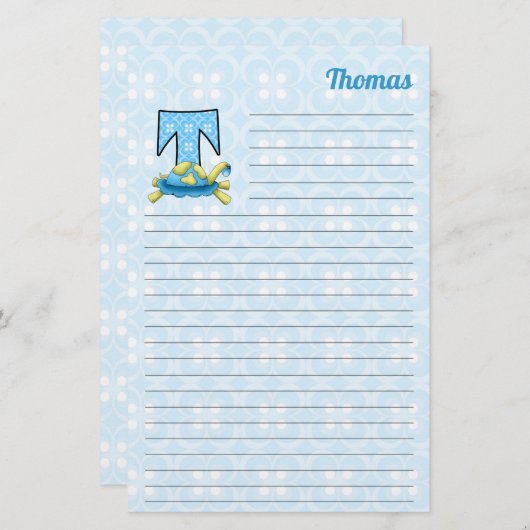Blue Turtle Mongram Letter T mit Name Linke Briefpapier (Vorne/Hinten)