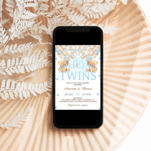 Blue Twin Boys Bear Balloons Babydusche Einladung