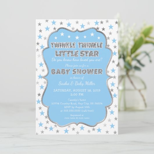 BLUE Twinkle Twinkle Little Star Baby Dusche Einladung (Stehend Vorderseite)
