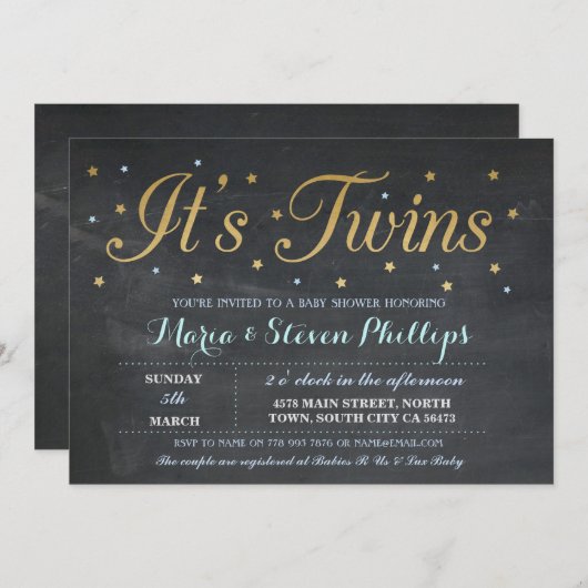 Blue Twins Boy Chalk Gold Baby Dusche einladen Einladung (Vorne/Hinten)