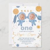 Blue Twins Erste Reise rund um die Sonne 1. Geburt Einladung (Vorderseite)