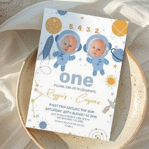 Blue Twins Erste Reise rund um die Sonne 1. Geburt Einladung